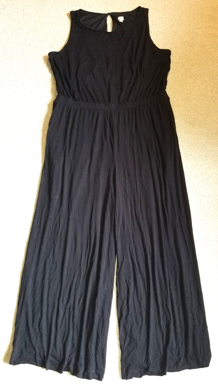 Womens Jumpsuit-LOFT-BEACH-black rayon stretch knit cutout back wide leg-XL
